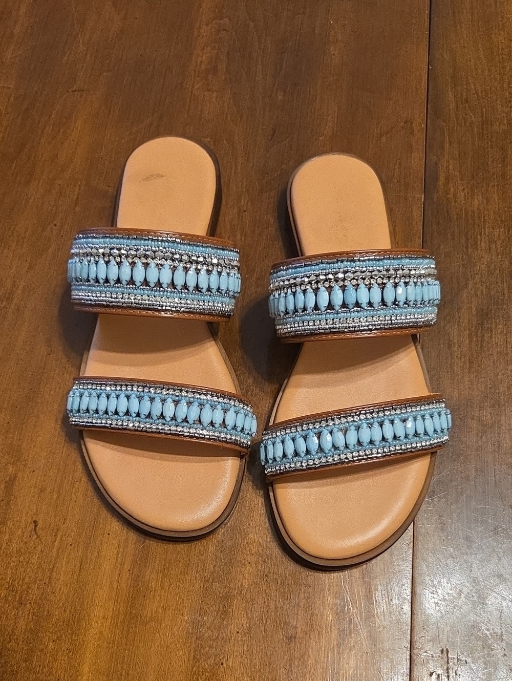 Double-Strap Beaded Slide Sandals - Light Blue